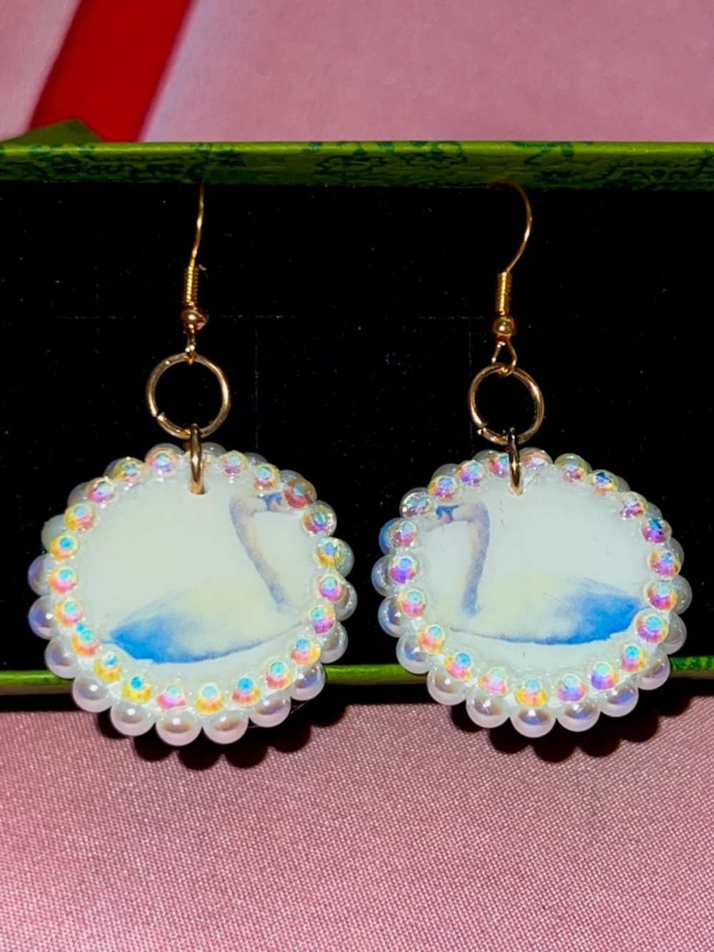 Handmade “Kissing Swans” White Swan Drop Earrings with Iridescent Bead Trim